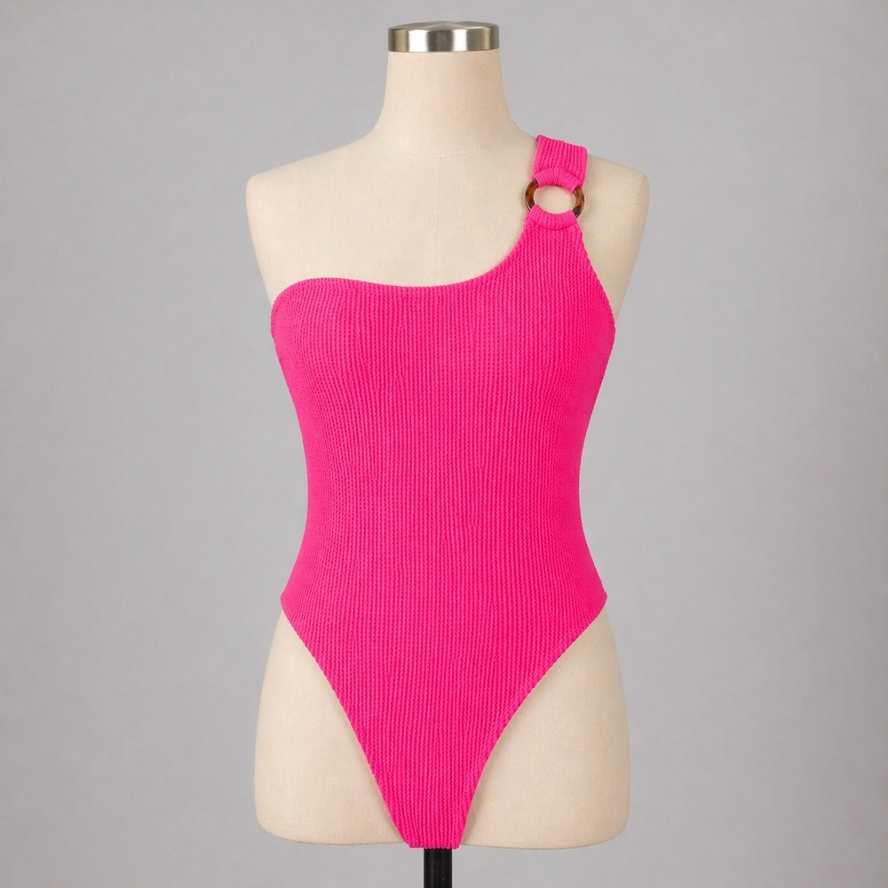 More To Come‎ One Shoulder Swimsuit L Hot Pink Ribbed Barbiecore Y2K Resort NEW
